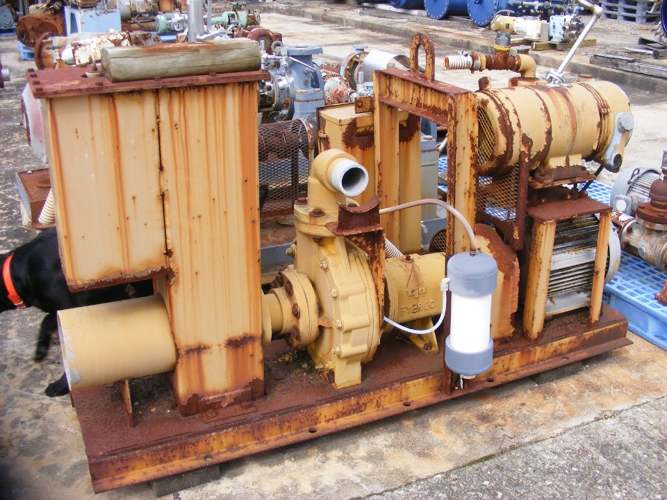 used Fybroc model 1500, 3x4x10 pump.  Material of construction VR-1.  Max pressure 200 PSI.  Mounted on base with motor. 
